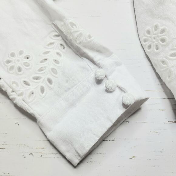 Guess Leyna Embroidered Eyelet Crop Linen Shirt White Scallop Hem Button Medium - Picture 8 of 10